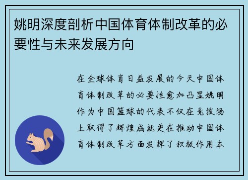 姚明深度剖析中国体育体制改革的必要性与未来发展方向